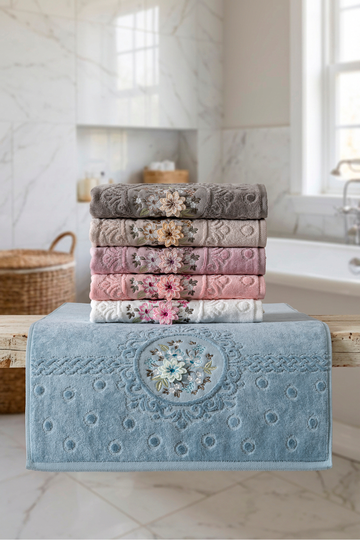 6 Parça 3D Nakışlı Premium Çeyizlik El Yüz Havlusu 50x90 cm %100 Pamuk ve Kadife