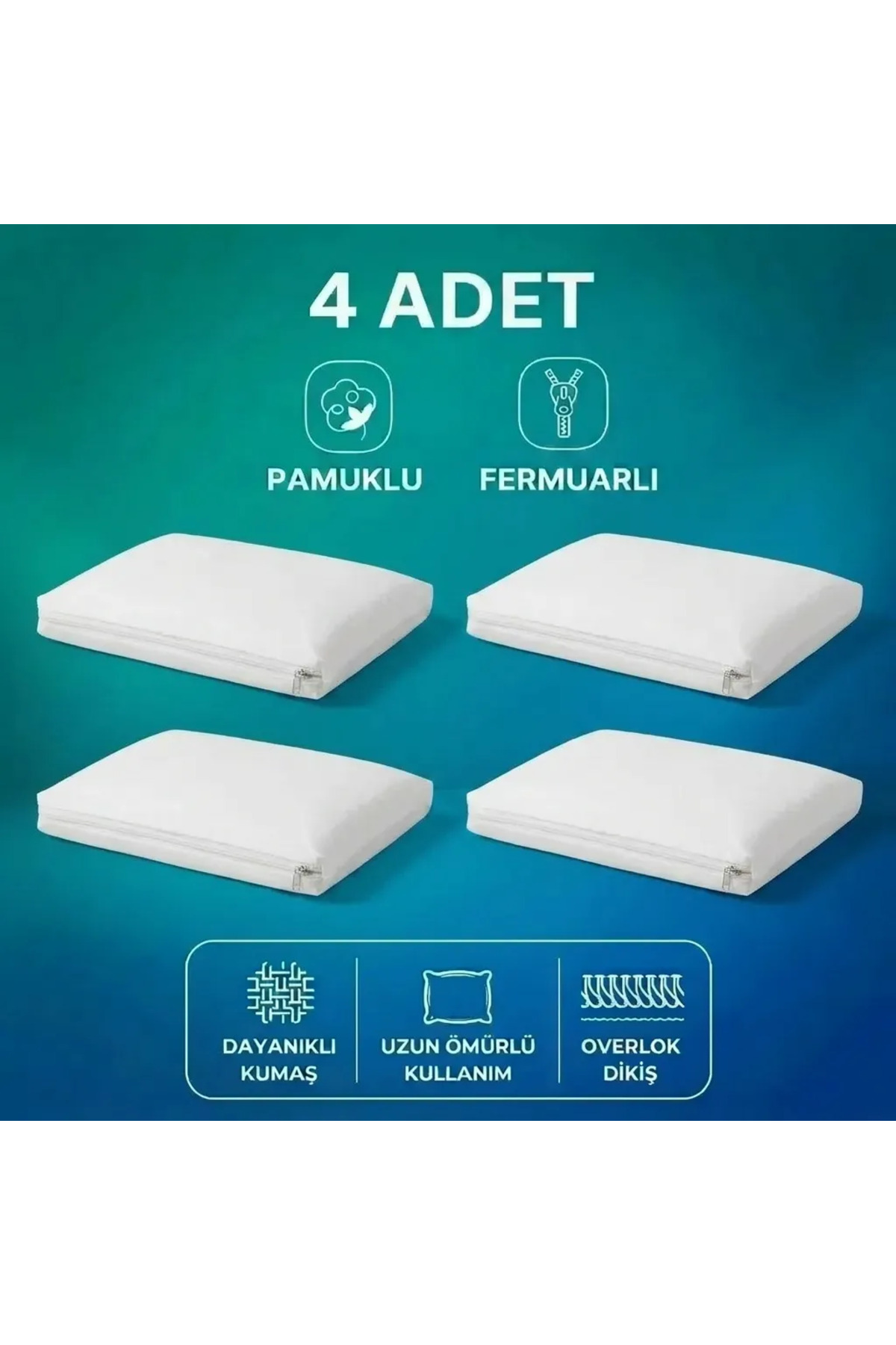 4 Adet Pamuklu Fermuarlı Yastık içi Kılıfı Beyaz Renkli İç Astar Kılıfı 50x70 Şilte