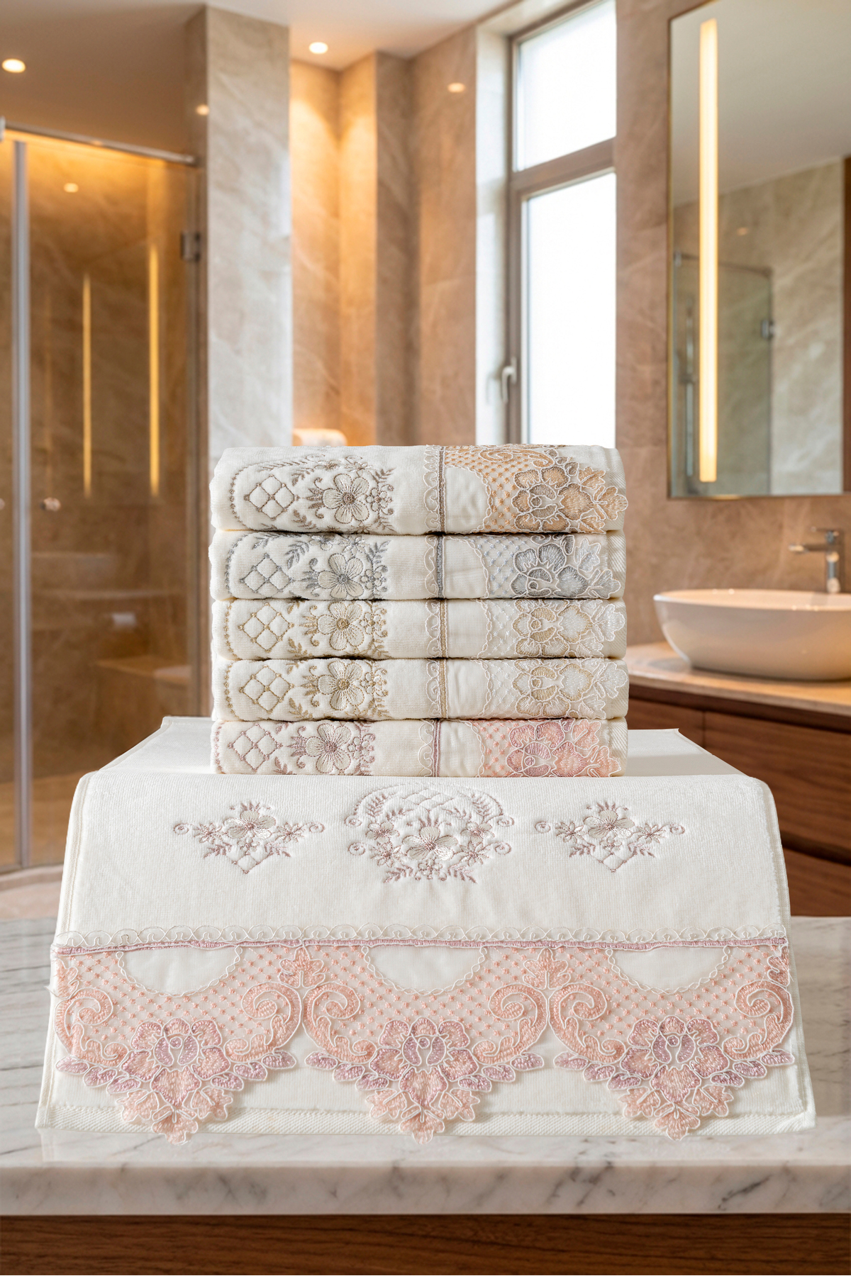 6'lı Özel Seri Çeyizlik Dantelli Nakışlı Geniş Güpürlü 50x90 cm Lüks Tasarım %100 Pamuk Havlu