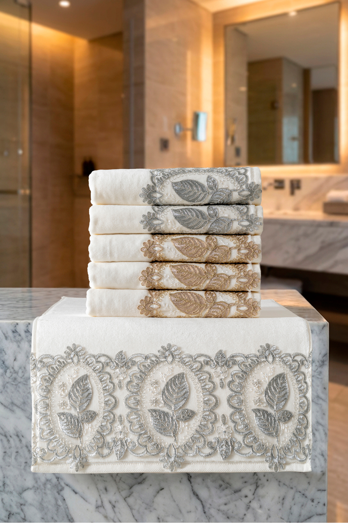 6'lı Çeyizlik Premium Havlu Seti Yaprak Desenli 50x90 cm %100 Pamuk Kadife