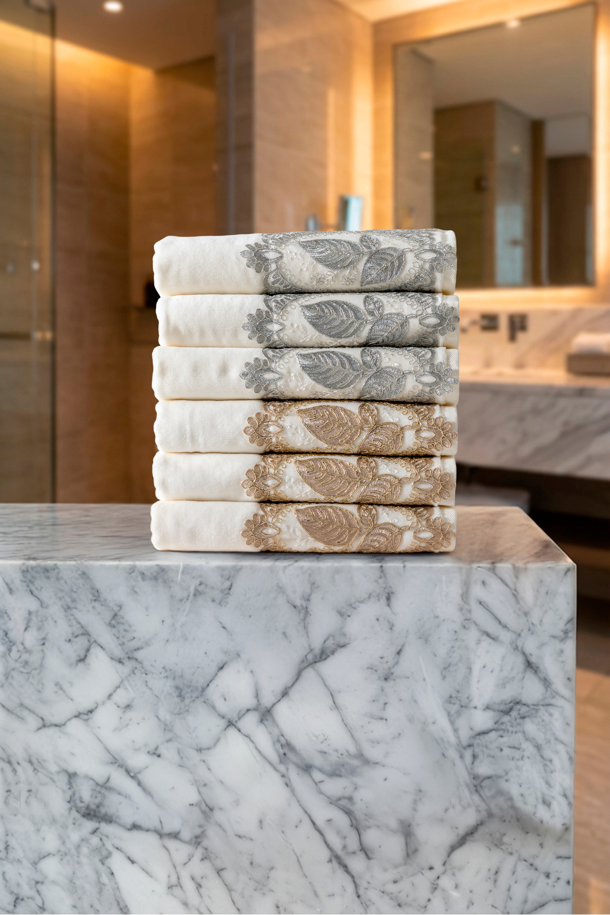 6'lı Çeyizlik Premium Havlu Seti Yaprak Desenli 50x90 cm %100 Pamuk Kadife