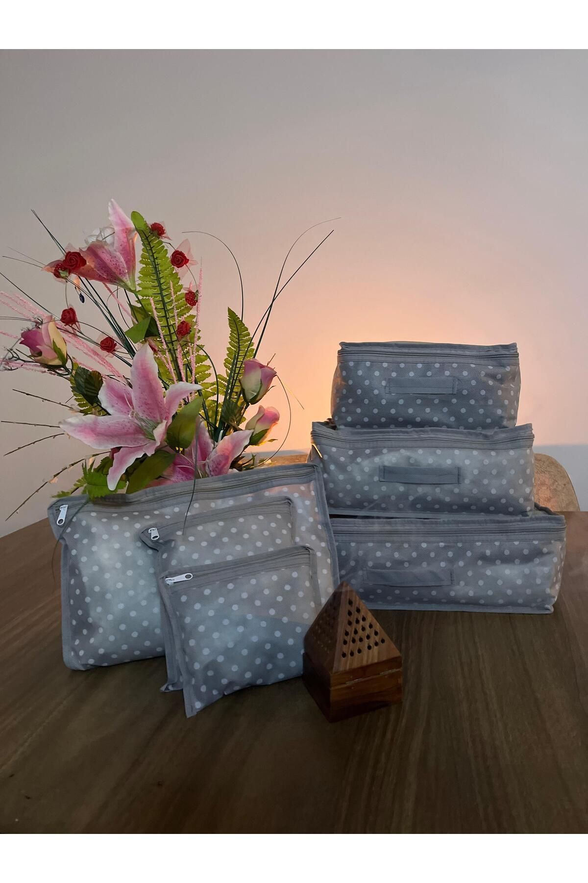 Gri Benekli (Fileli) 6 Parça Seyahat Valiz Kılıfı Düzenleyicisi