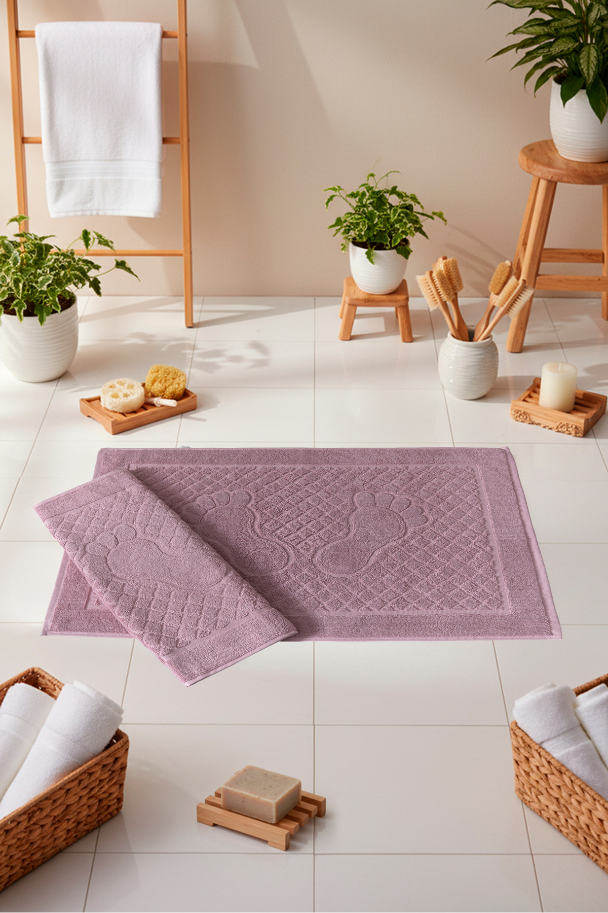 2'li Ayak İzi Desenli %100 Pamuk Banyo Ayak Havlusu Seti 50x80 cm Yumuşak Dokulu