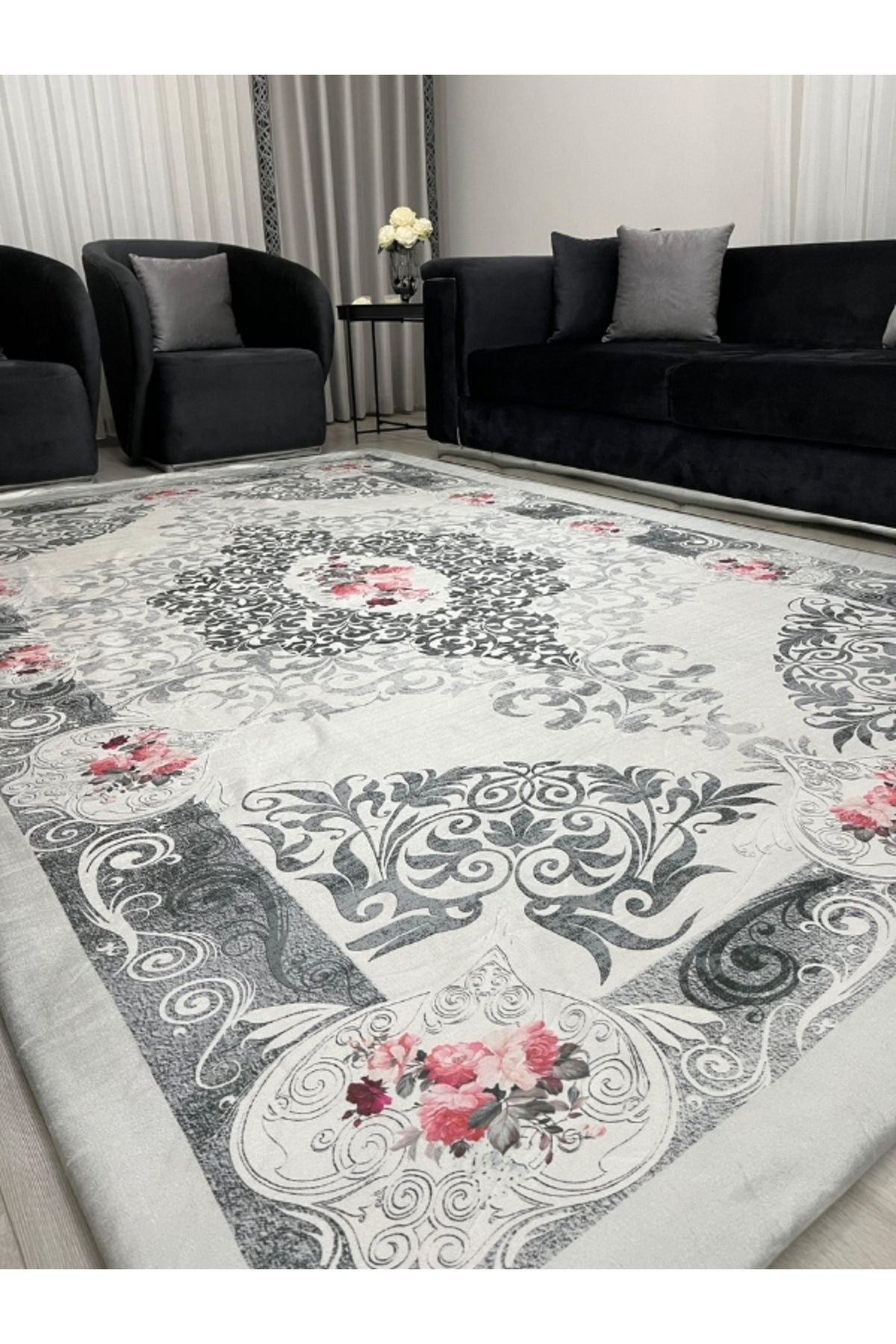 Zarif Barok Desen Halı Örtüsü – Çiçek Motifli, Şık Salon Modeli *Kaymaz Tabanlı Yıkanabilir*