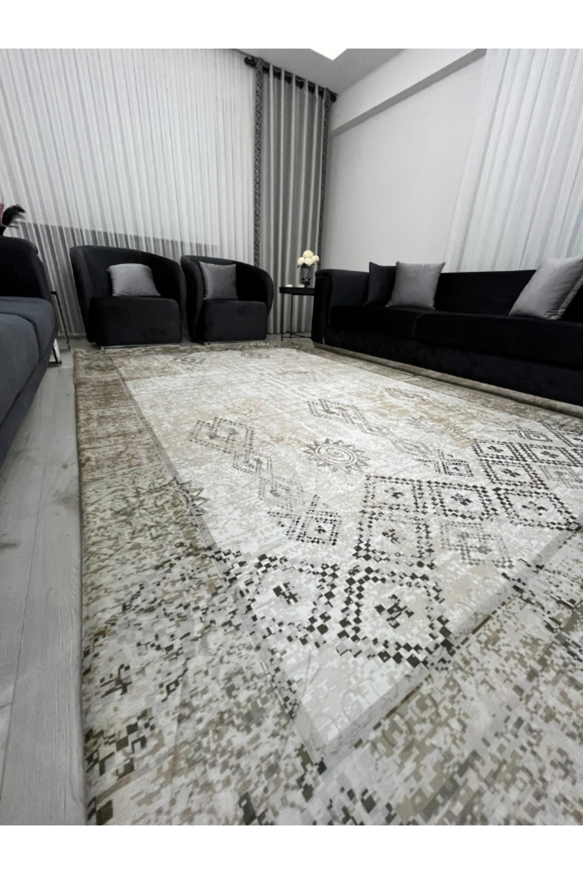 Vintage Bohem Desenli Halı Örtüsü – Bej Kahve Tonları, Kaymaz Taban, Yıkanabilir