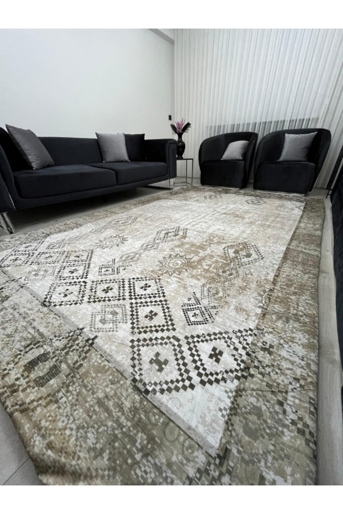 Vintage Bohem Desenli Halı Örtüsü – Bej Kahve Tonları, Kaymaz Taban, Yıkanabilir