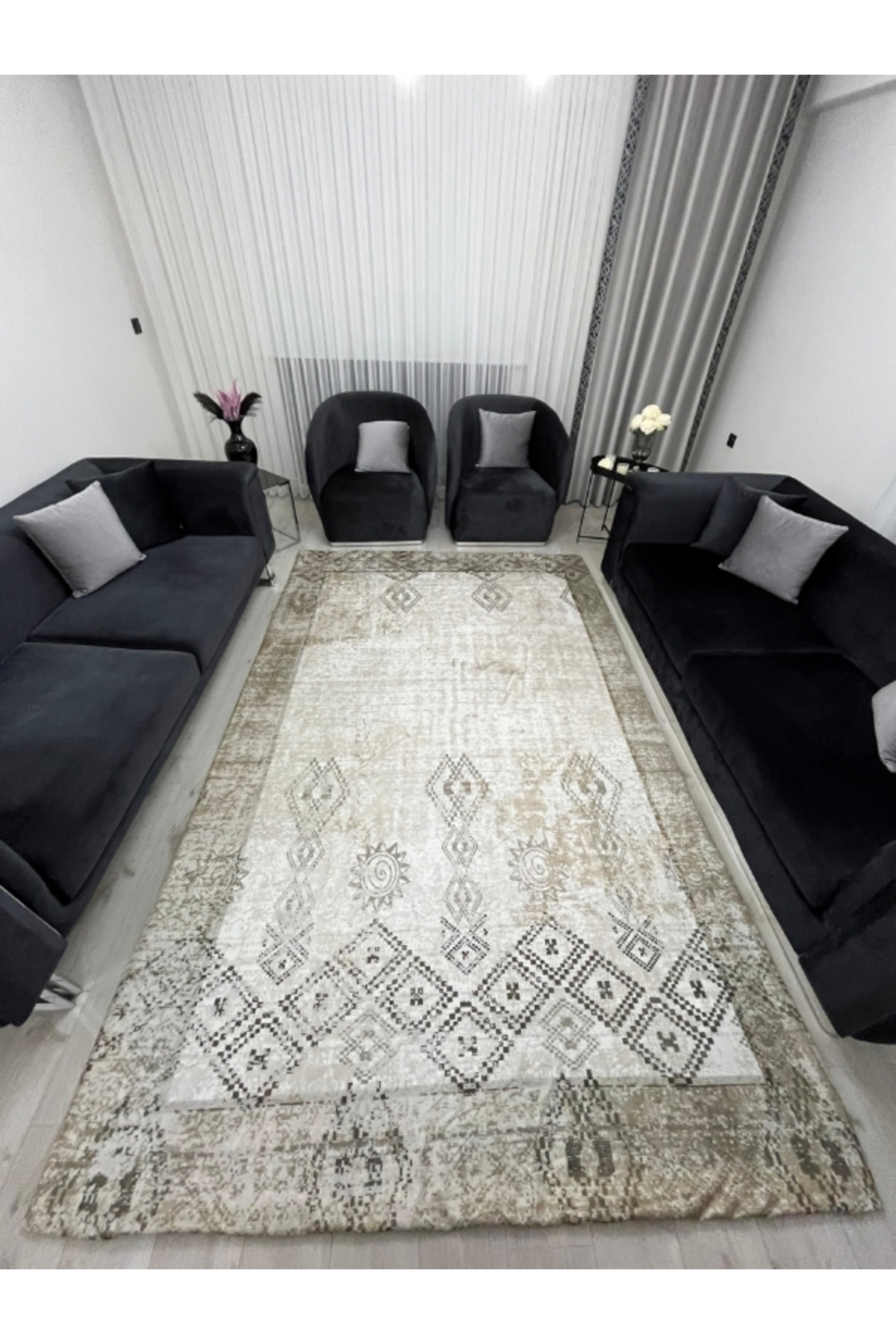 Vintage Bohem Desenli Halı Örtüsü – Bej Kahve Tonları, Kaymaz Taban, Yıkanabilir