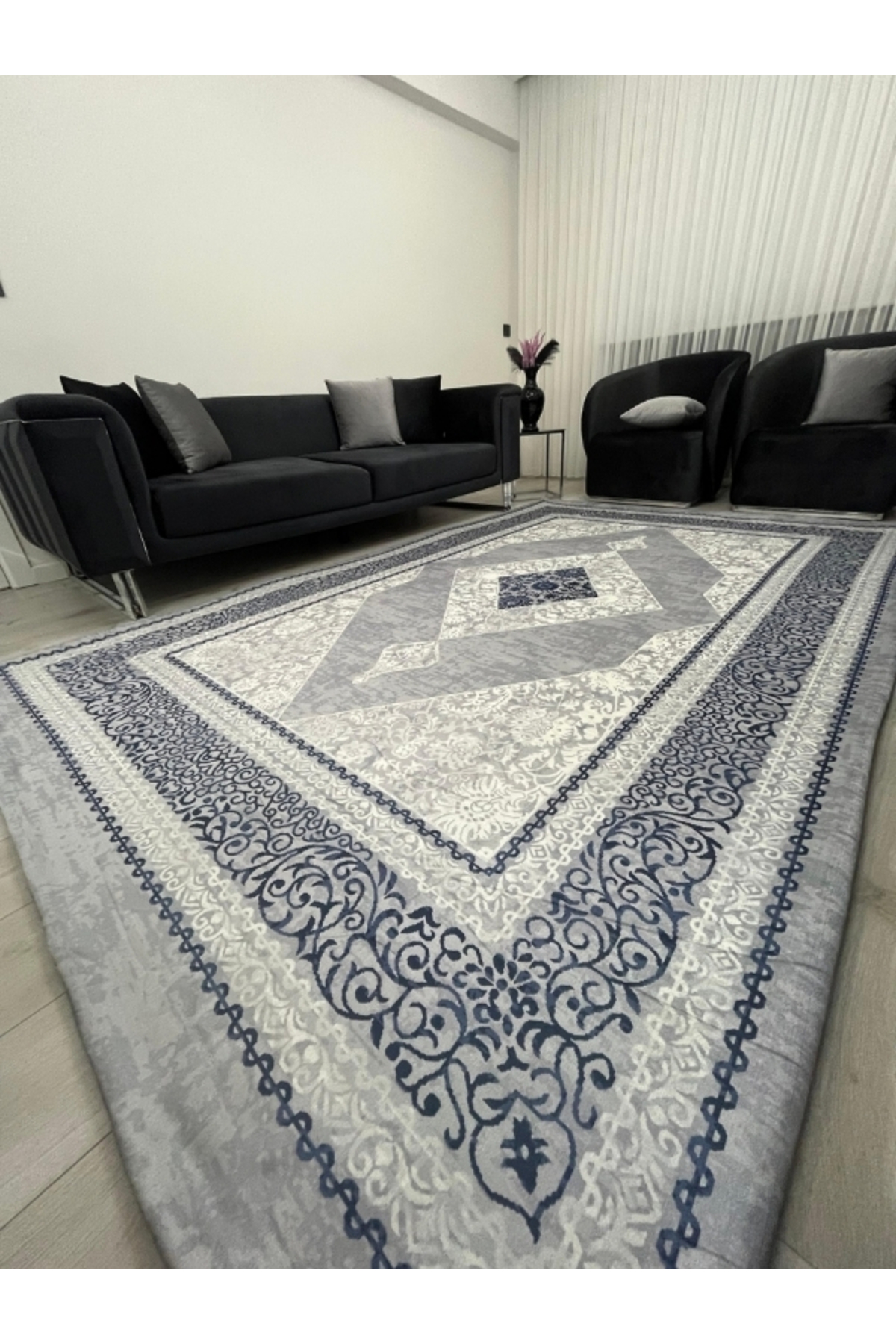 Diamond Desen Gri Mavi Halı Örtüsü - Kadife Dokulu-Lastikli ve Süngerli Kaymaz Tabanlı Yıkanabilir