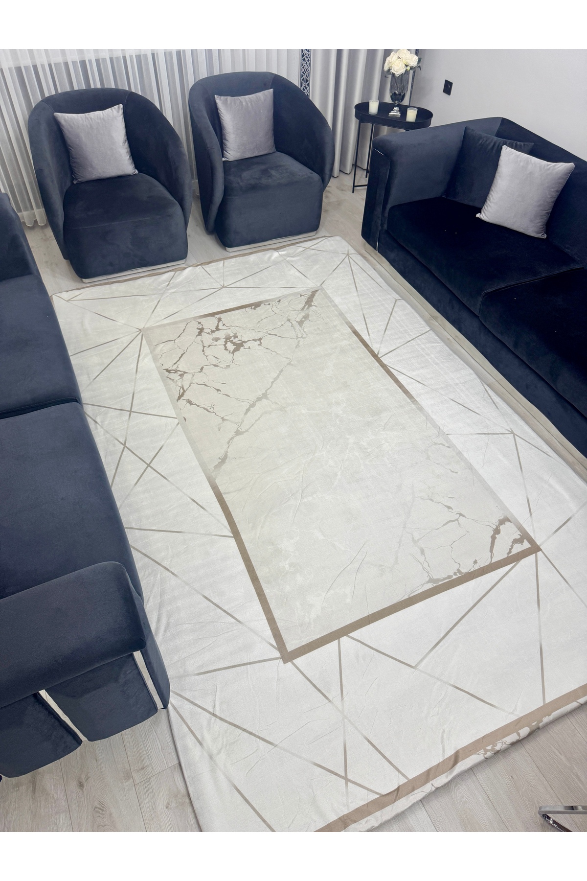 Modern Mermer Görünümlü Halı Örtüsü Lastikli ve Süngerli Kaymaz Taban Yıkanabilir