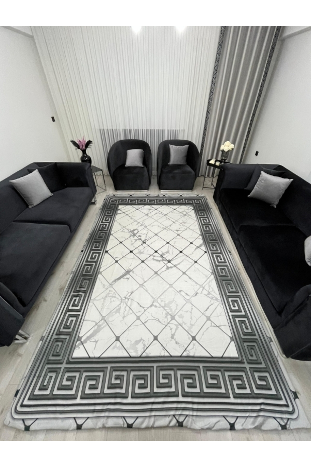 Mermer Desen Yunan Motifli Halı Örtüsü Gri Beyaz *Lastikli ve Süngerli Kaymaz Tabanlı Yıkanabilir*