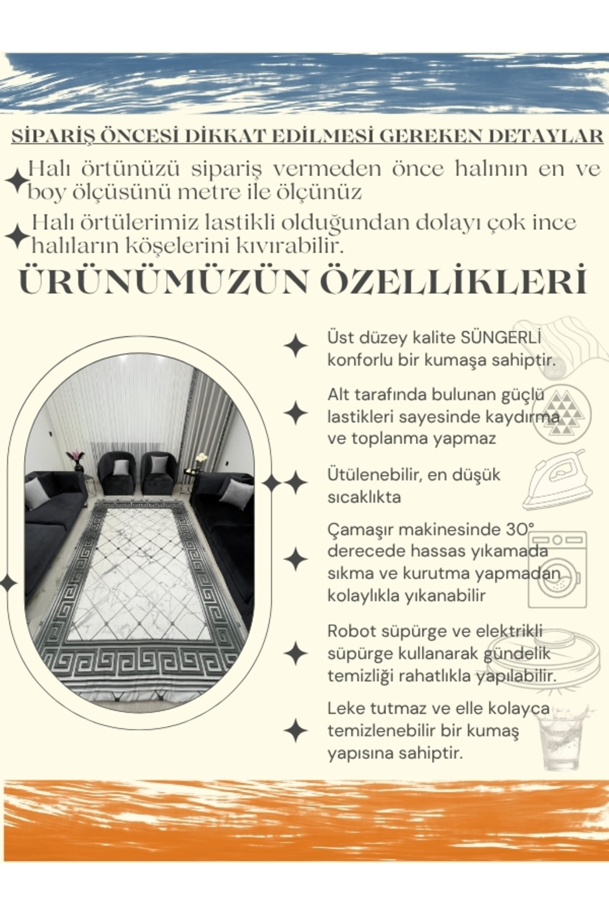Mermer Desen Yunan Motifli Halı Örtüsü Gri Beyaz *Lastikli ve Süngerli Kaymaz Tabanlı Yıkanabilir*