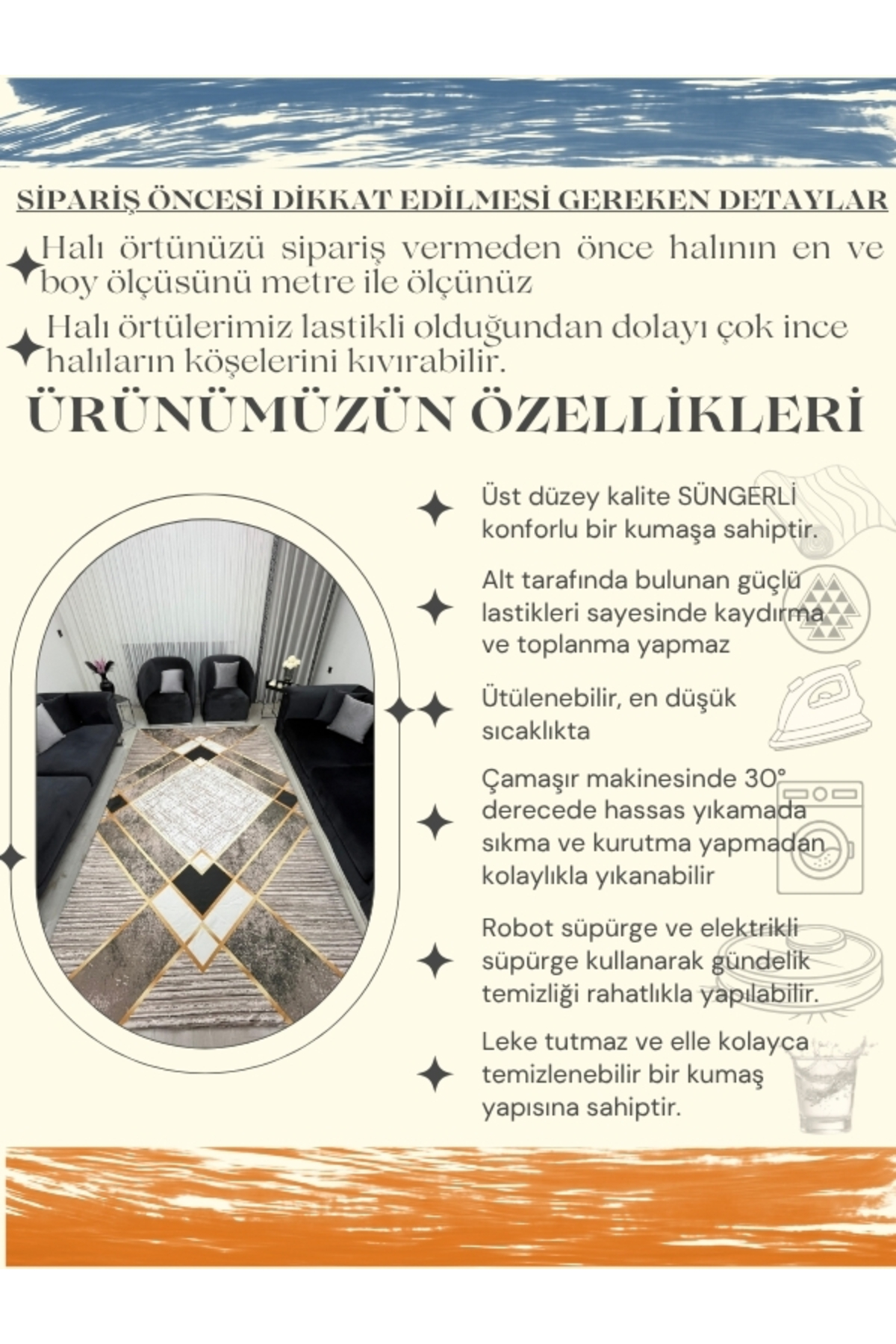 Geometrik Desen Gold Çizgi Detay Kahve Tonları Halı Örtüsü - Yıkanabilir Kadife Doku Kaymaz Taban