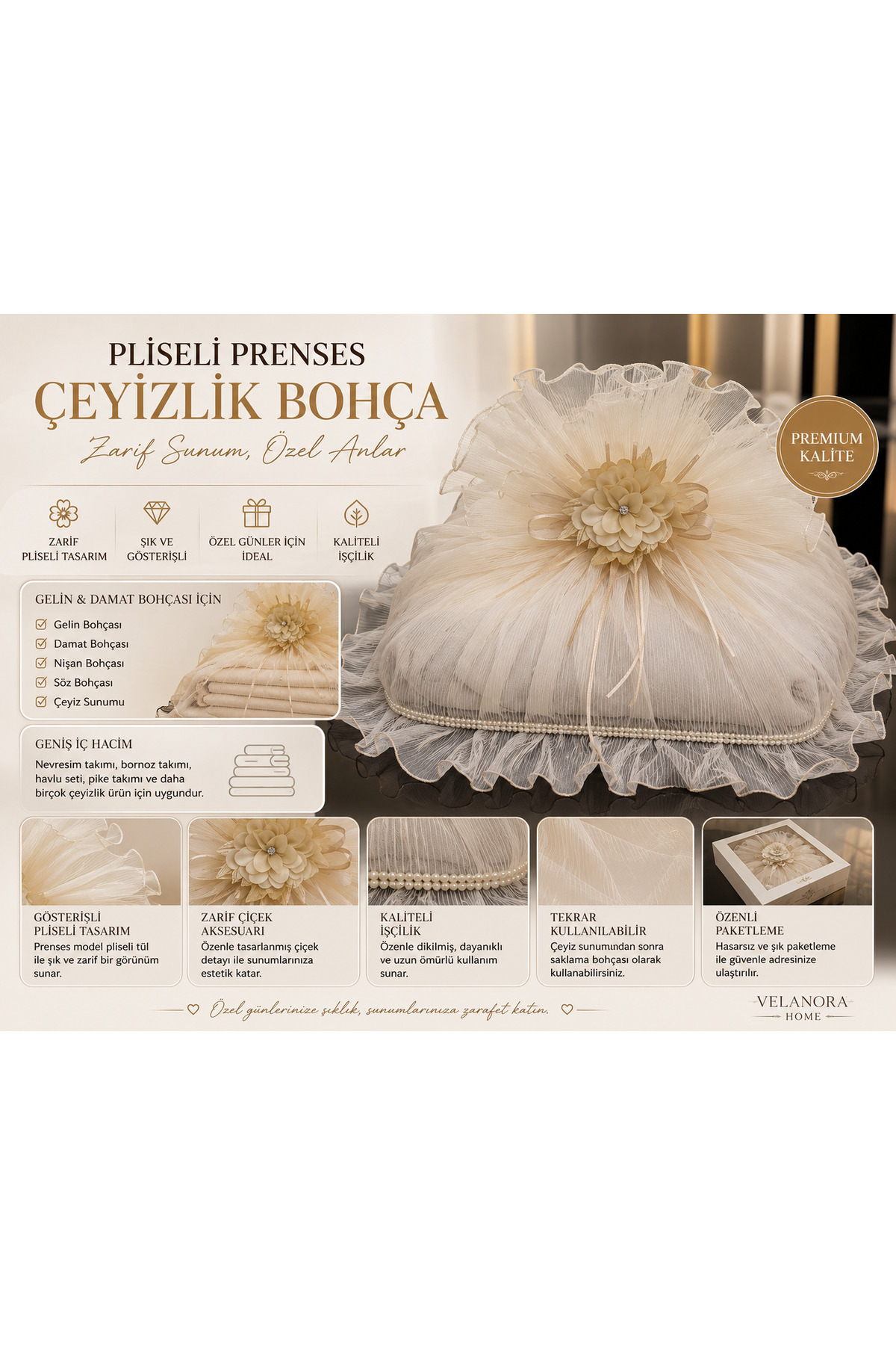 Pliseli Prenses Gelin Bohçası Damat Bohçası Çeyizlik Bohça Sunumluk