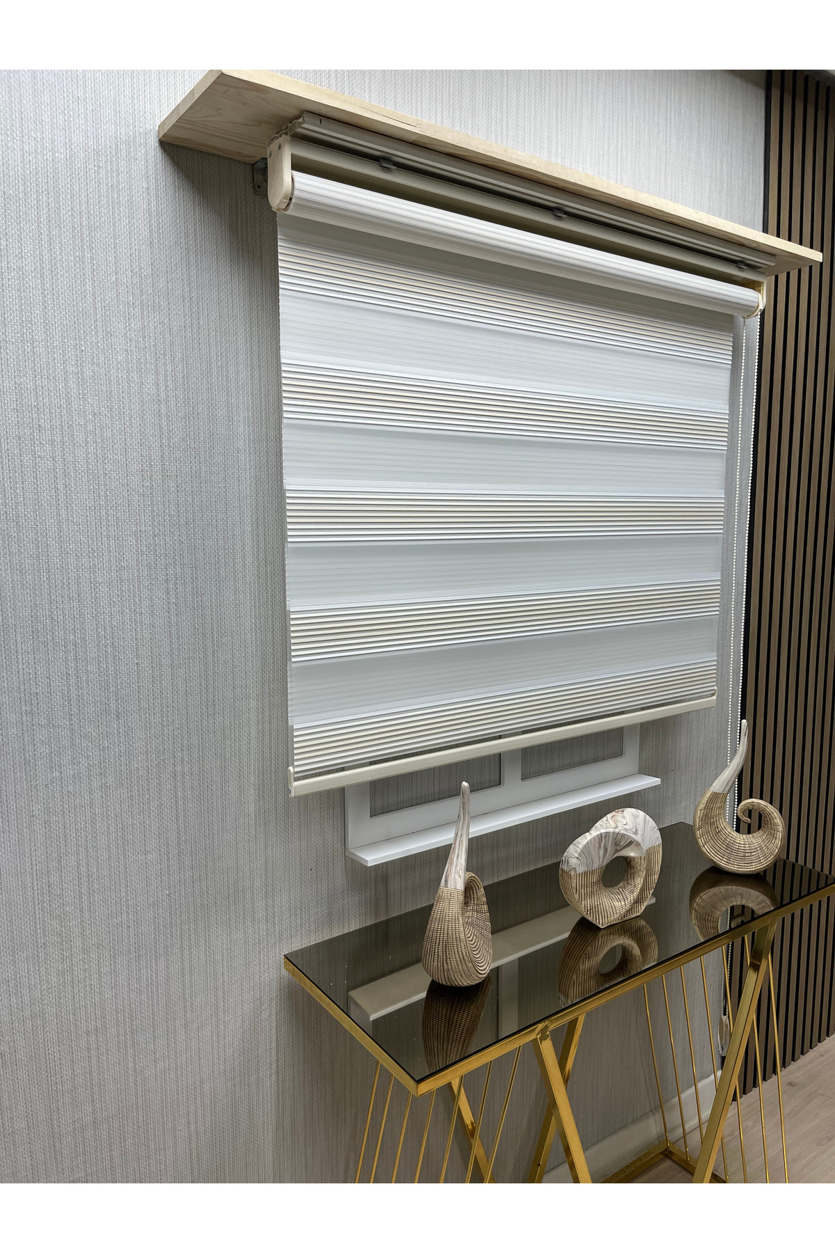 Modern Çizgili Zebra Stor Perde KREM-BEYAZ Geçişli Alüminyum Kasa Lüks Model