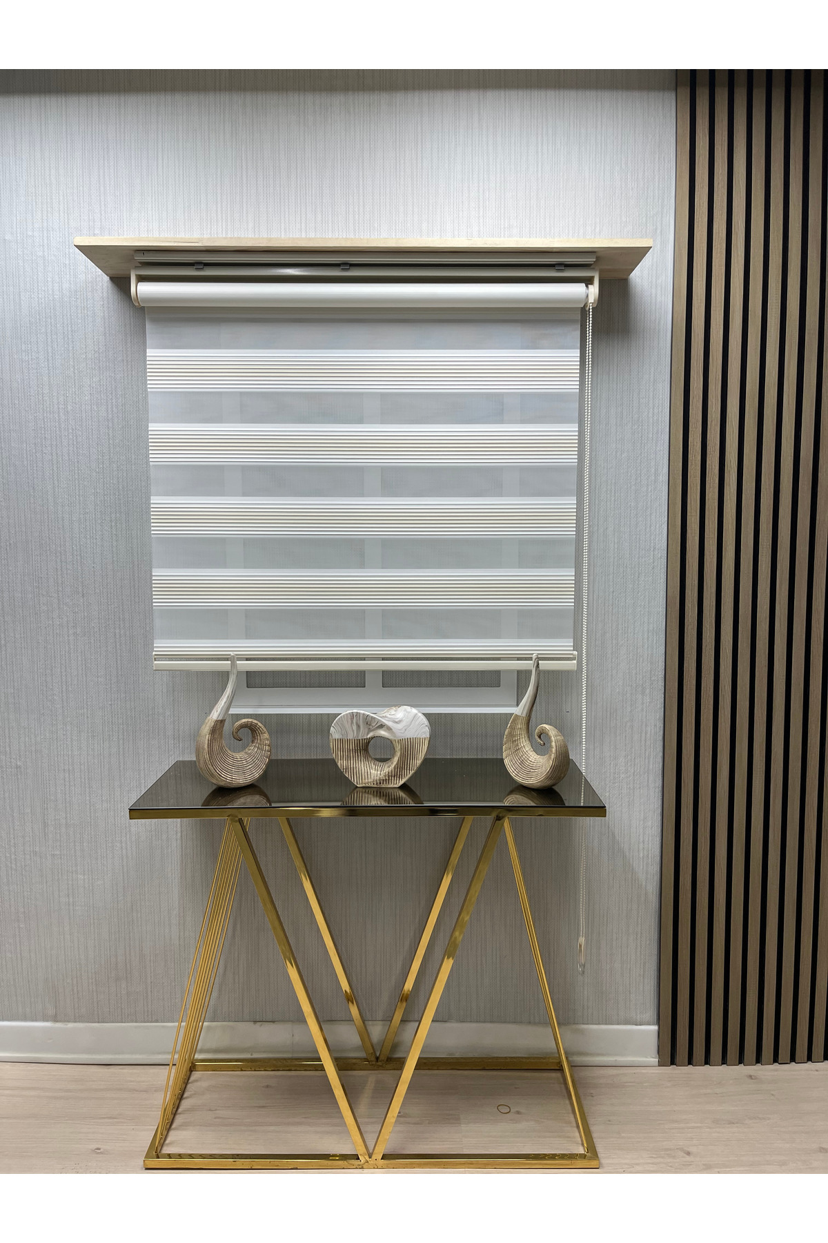 Modern Çizgili Zebra Stor Perde KREM-BEYAZ Geçişli Alüminyum Kasa Lüks Model