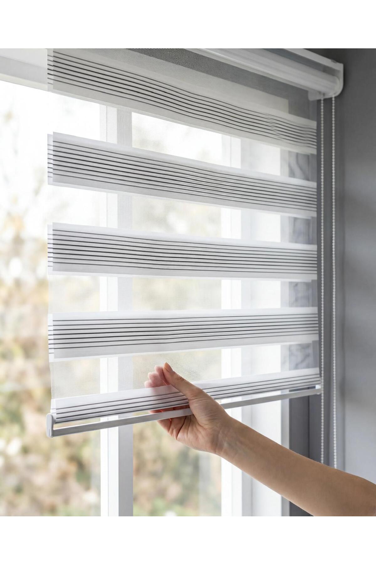 Siyah Geçişli Çizgili Eteği Düz Stor Zebra Güneşlik Perde Alüminyum Kasa Premium Kumaş