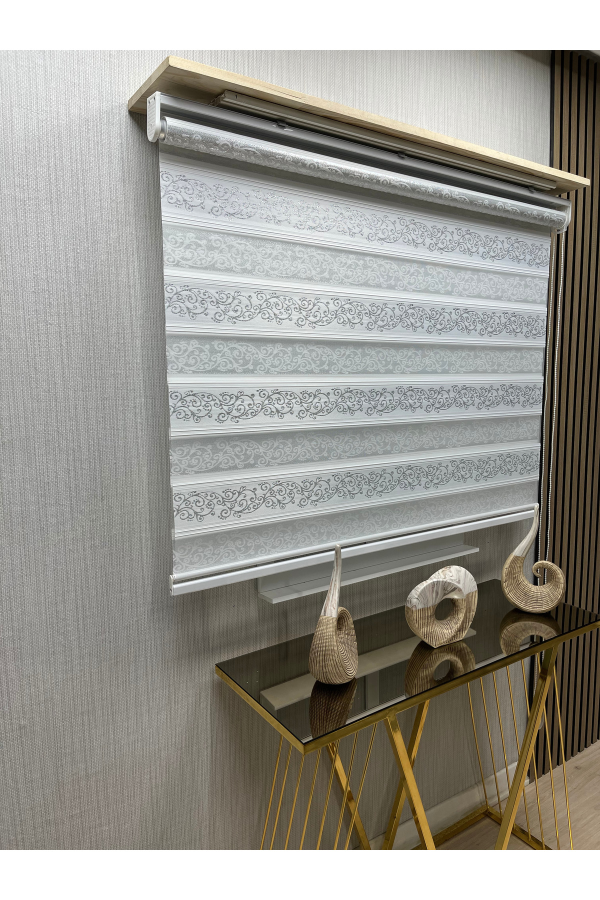 Desenli Simli Zebra Stor Perde Beyaz Gri Lüks Salon Mutfak Ofis Perdesi Modeli