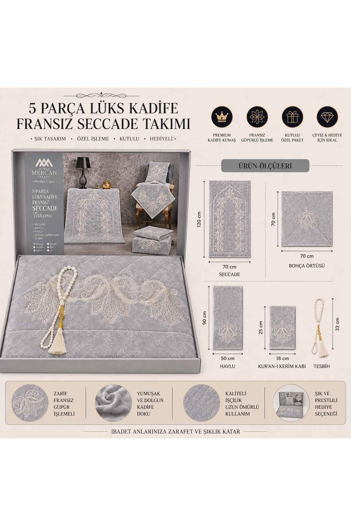 Lüks Kadife Seccade Takımı 5 Parça Bohçalık Hediyelik Set