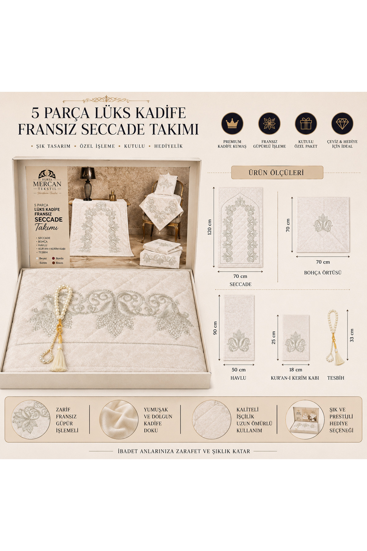 Lüks Kadife Seccade Takımı 5 Parça Bohçalık Hediyelik Set