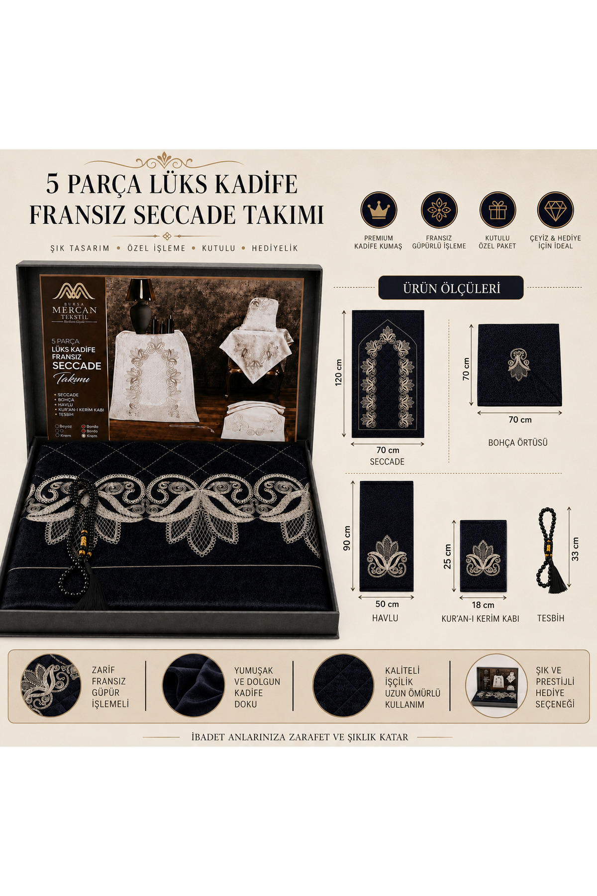 Lüks Kadife Seccade Takımı 5 Parça Bohçalık Hediyelik Set