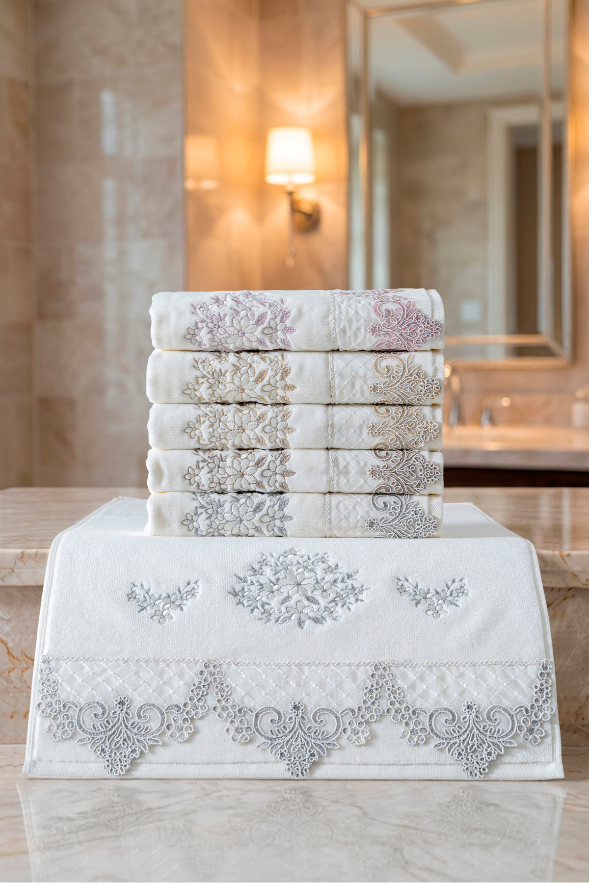 6'lı Özel Seri Çeyizlik Dantelli Nakışlı 50x90 cm Lüks Tasarım %100 Pamuk Havlu