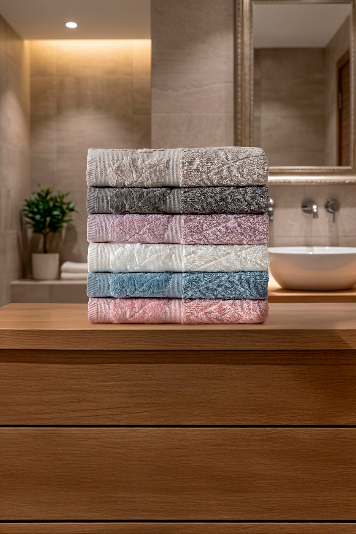 50x90 cm 6’lı El Yüz Havlusu Yumuşak Dokulu Şık Kabartma ve Yaprak Desen Yüksek Emici