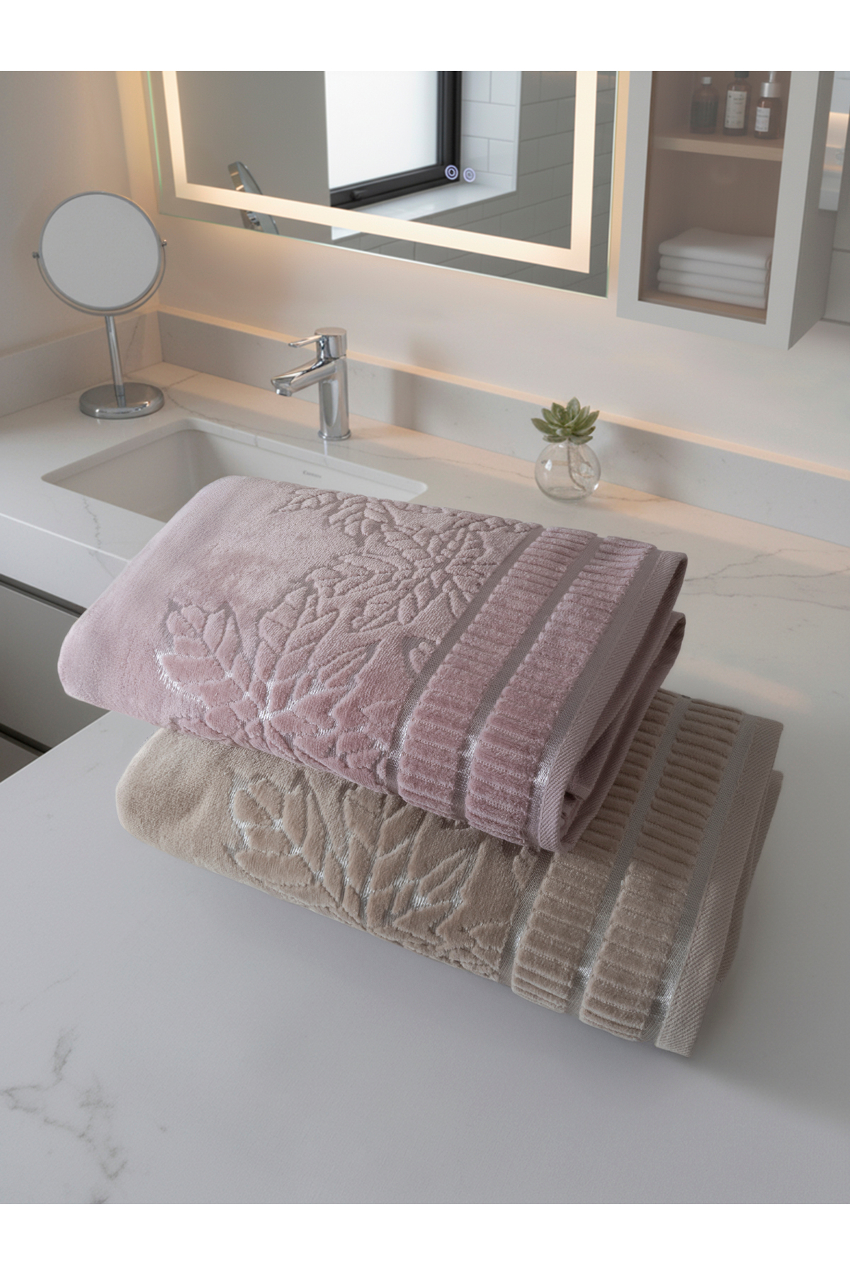 2 Adet 100x150 cm %100 Pamuk Banyo Havlusu Seti Çınar Yaprak Desenli Yumuşak Emici Kalın Dokulu