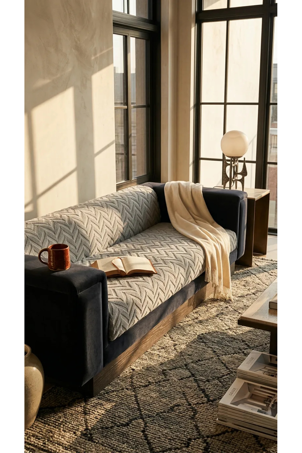 180x220 Kalın Süngerli Kesinlikle Kaydırmaz Welsoft Yumuşak Kabartmalı Modern Koltuk Örtüsü (GRİ)