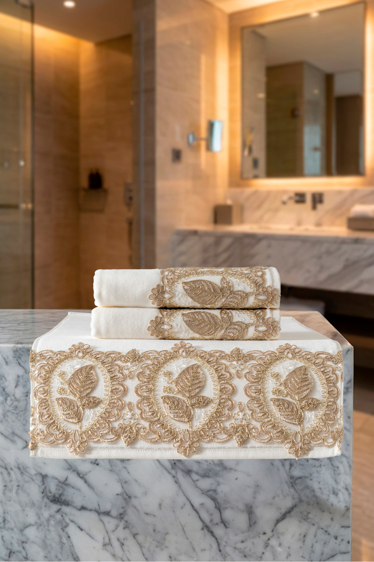 3'lü Çeyizlik Premium Havlu Seti Yaprak Desenli 50x90 cm %100 Pamuk Kadife