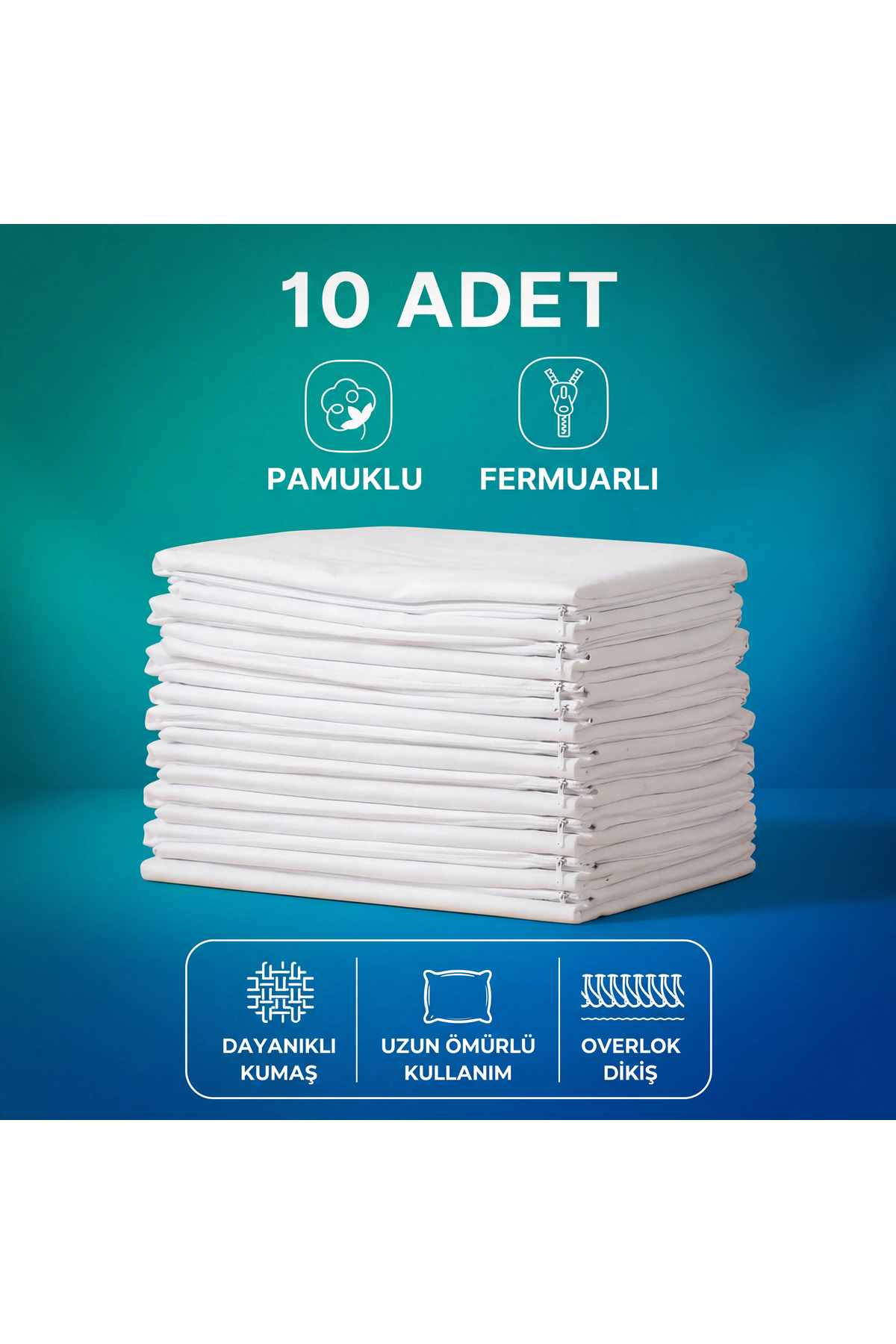 10 Adet Pamuklu Fermuarlı Yastık içi Kılıfı Beyaz Renkli İç Astar Kılıfı 50x70 Şilte