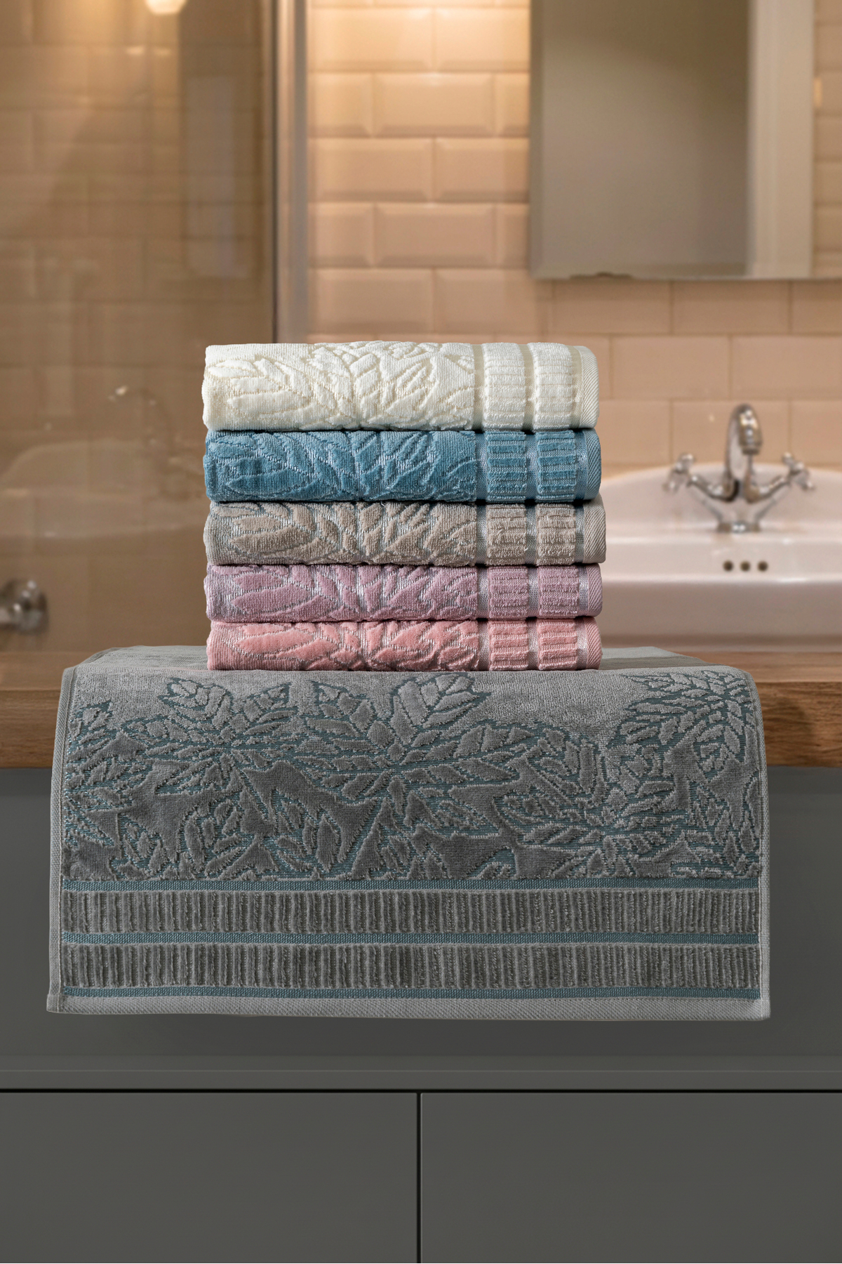 6'lı Çınar Yaprak Desen 50x90 Cm %100 Pamuk El Yüz Havlu Seti Yumuşak Doku Yüksek Emicilik