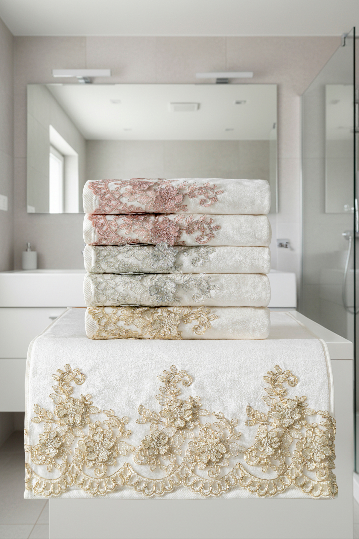 6 Parça Çeyizlik Premium Havlu Seti Çiçek Fransız Güpürlü Desenli 50x90 cm %100 Pamuk Kadife