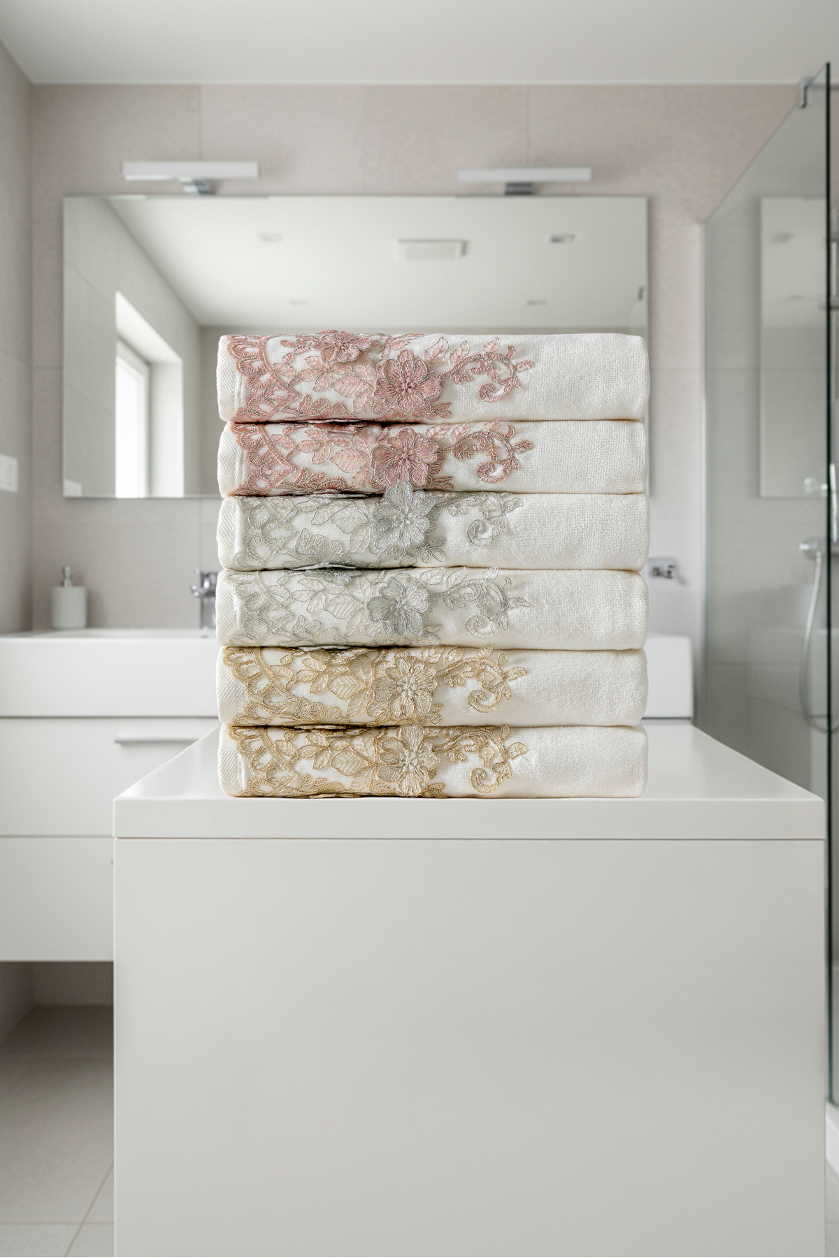 6 Parça Çeyizlik Premium Havlu Seti Çiçek Fransız Güpürlü Desenli 50x90 cm %100 Pamuk Kadife