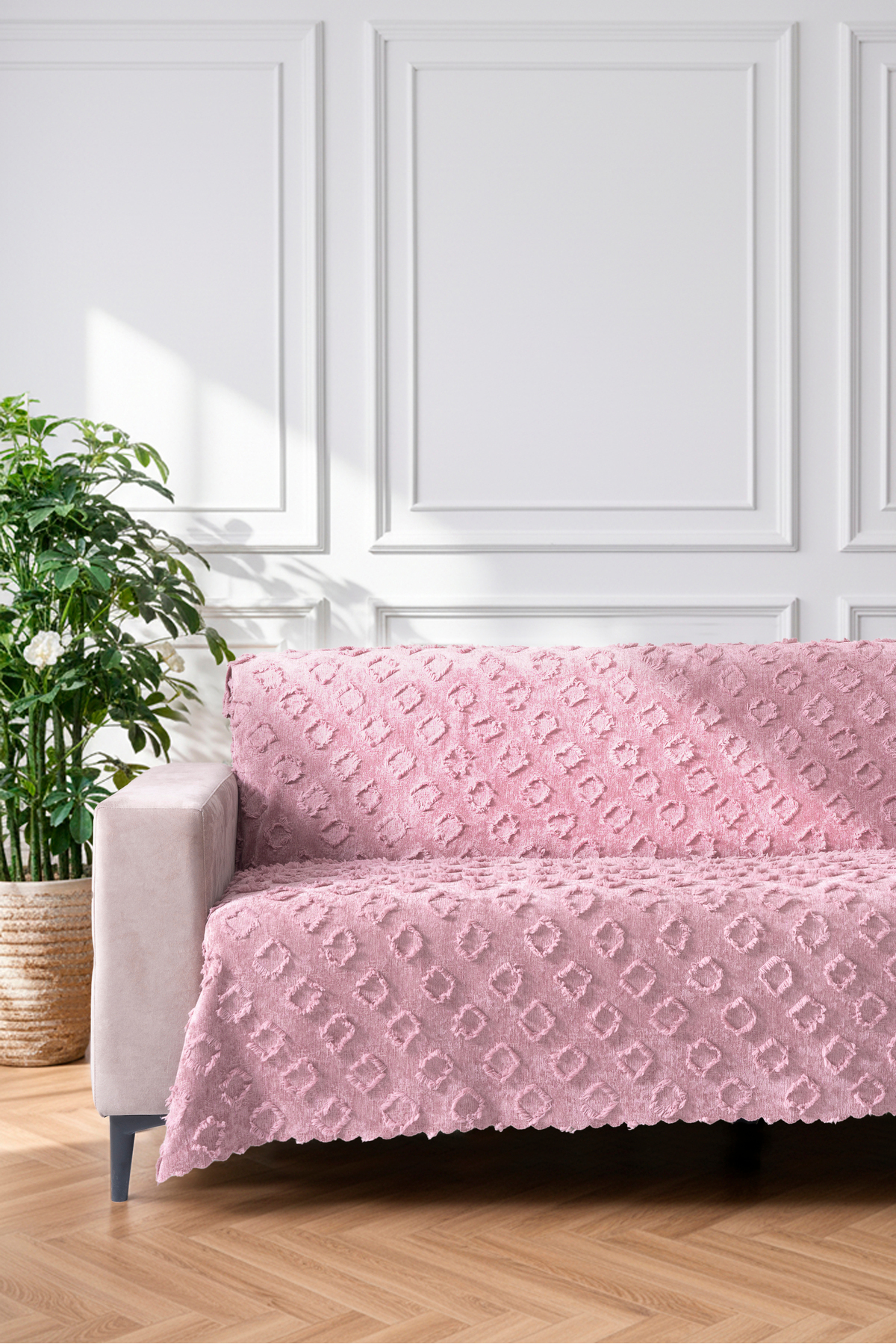 PEMBE Koltuk Örtüsü 175x215 cm Çekyat Örtüsü Premium Şönil Jakar Kumaş Kaydırmaz, Yıkanabilir