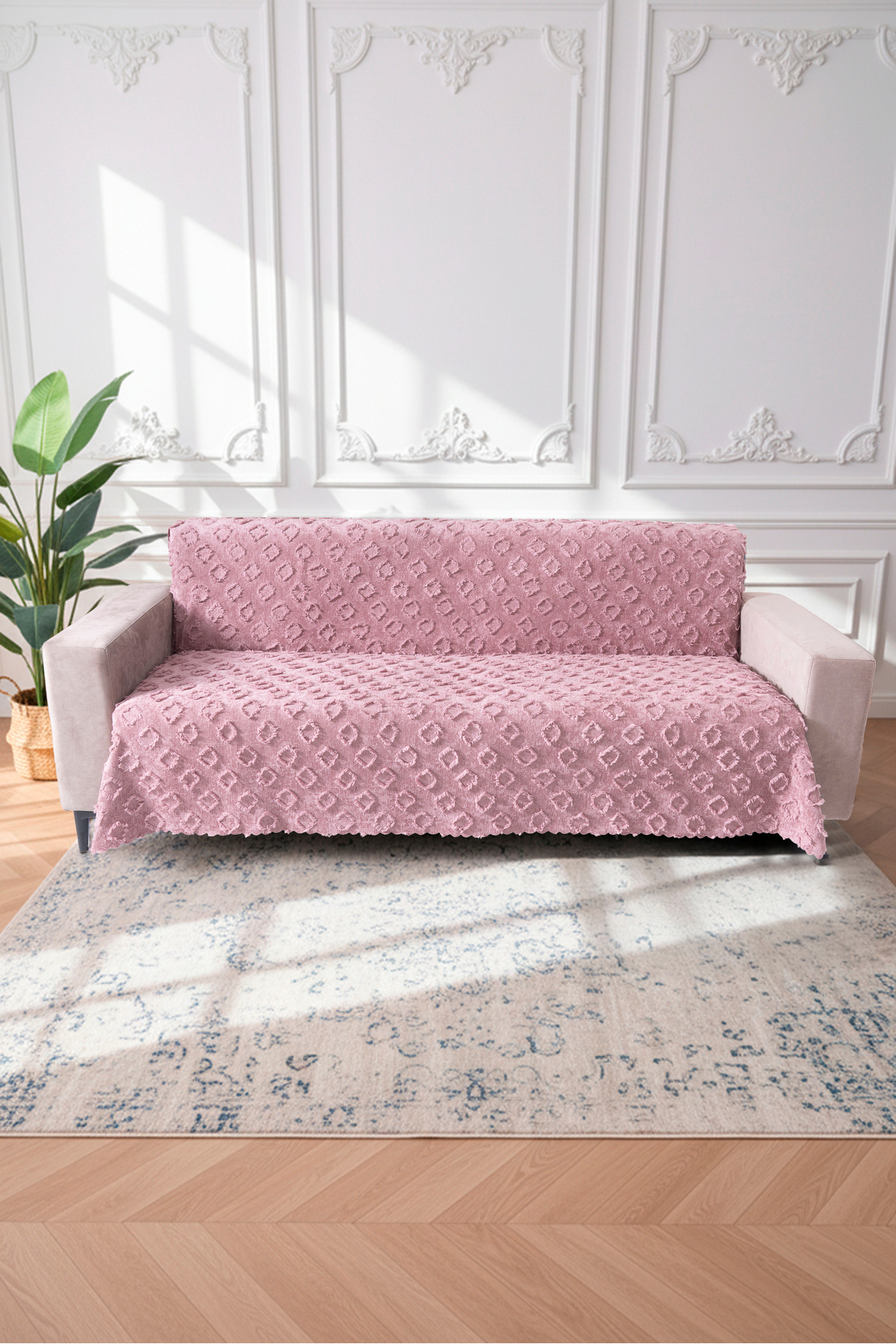 PEMBE Koltuk Örtüsü 175x215 cm Çekyat Örtüsü Premium Şönil Jakar Kumaş Kaydırmaz, Yıkanabilir
